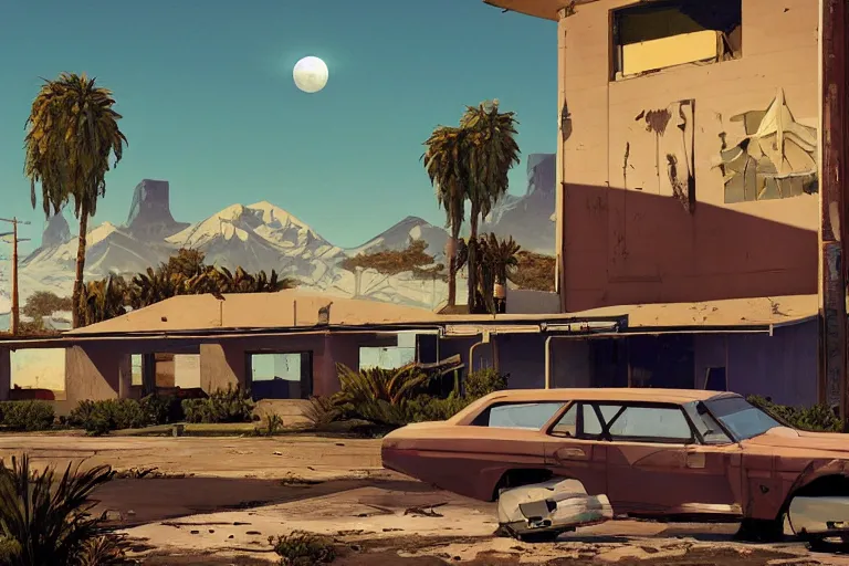 Image similar to broken robot | abandoned motel | palm trees | snowy mountains | moon in sky, painting by syd mead and weta studio and moebius and james jean and frank frazetta, gta san - andreas game screenshot, highly detailed, rule of third, soft lighting, architectural magazine, insanely intricate details, artstation trending, hypermaximalistic, high details, cinematic