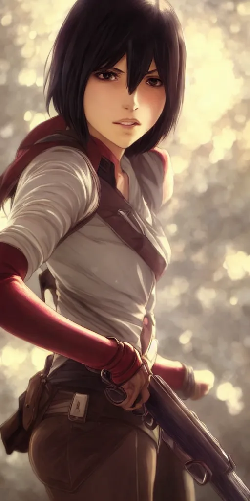 Image similar to mikasa ackerman, hero pose, medium shot, bokeh, beautiful face!!!!, 2 7 years old, cg animation, lifelike, animated, realistic, character select portrait, by artgerm, greg rutkowski, alphonse mucha, 3 d