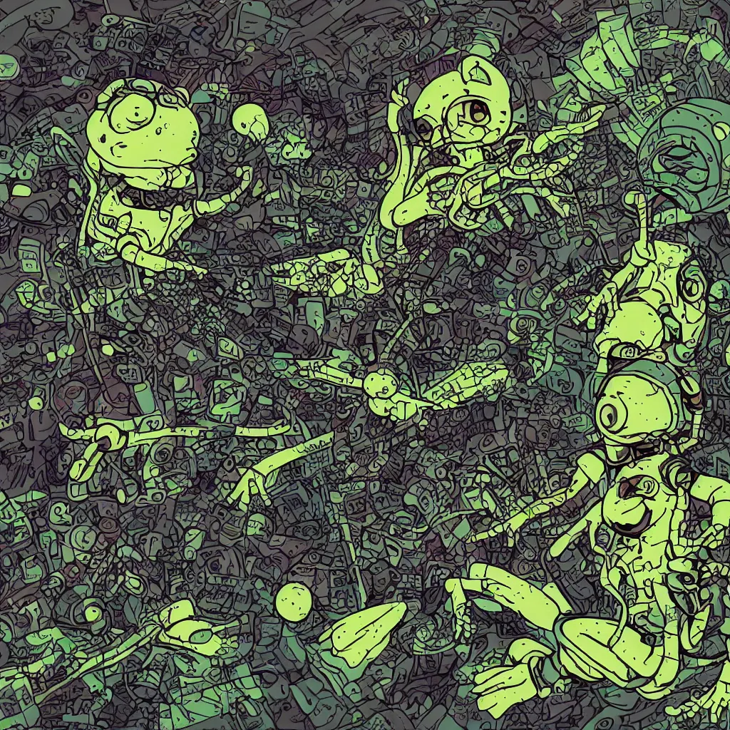 Image similar to toad head, ryuta ueda artwork, breakcore, style of jet set radio, y 2 k, gloom, space, frequency, subtle glitches, frogs, amphibians, sacred geometry, data, minimal, code, cybernetic, dark, eerie, cyber