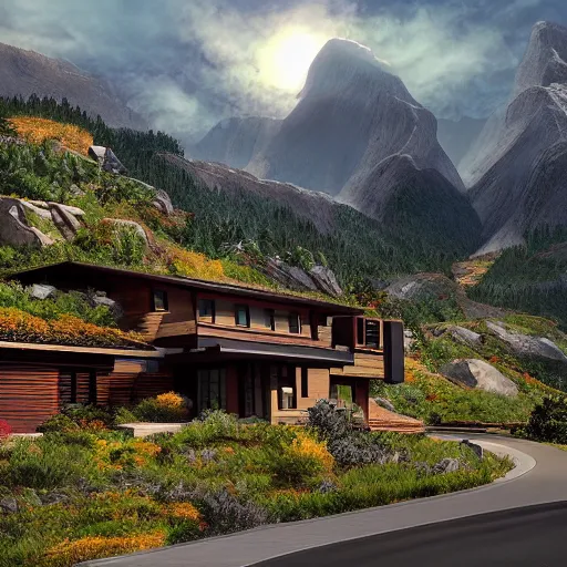 Image similar to alpine landscape with windy road and modern houses designed by frank lloyd wright scattered on the mountainsides, photo realism, dramatic lighting, high quality digital art, unreal engine, cinematic