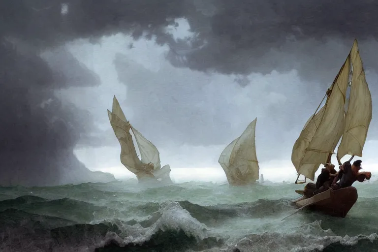 Image similar to ancient historically accurate depiction of Bible Character walking on water during a storm, a small fishing sailboat with scared sailors on board, dramatic lighting by frank miller, illustration by Ruan Jia and Mandy Jurgens and William-Adolphe Bouguereau, Artgerm, 4k, digital art, surreal, space dandy style, highly detailed, godsend, artstation, digital painting, concept art, smooth, sharp focus, illustration by Ruan Jia and Mandy Jurgens and William-Adolphe Bouguereau, Artgerm