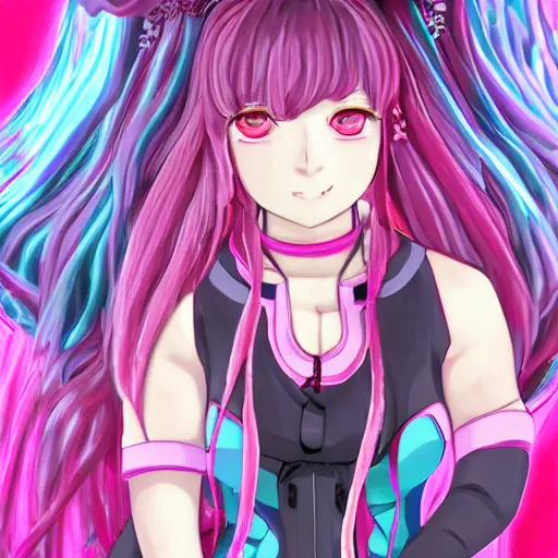 Image similar to trapped by stunningly beautiful omnipotent megalomaniacal anime asi goddess who looks like junko enoshima with symmetrical perfect face and porcelain skin, pink twintail hair and cyan eyes, taking control while smiling, inside her surreal vr castle, hyperdetailed, digital art, danganronpa, unreal engine 5, 2 d anime style, 8 k