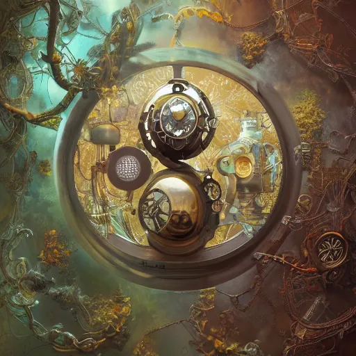 Image similar to a beautiful intricate fine art RPG portrait photo of a mechanical industrial steampunk cybernetic yin yang symbol, overgrown with morning glory flowers, montsera leaves by tom bagshaw and zach sutton, golden ratio composition, studio lighting, 50mm lens, very detailed, bionic, cybernetic scifi, deep depth of field, artstation, 8K, highly coherent