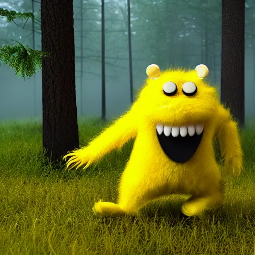 Prompt: a cute yellow furry monster is in panic from a fire in the misty forest, 3d render, detailed