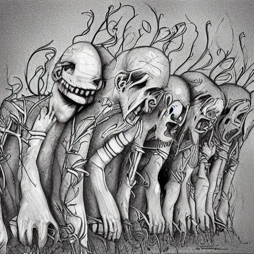 Image similar to surrealism grunge cartoon sketch of a human centipede with a wide smile holding flowers by - michael karcz, loony toons style, horror theme, detailed, elegant, intricate