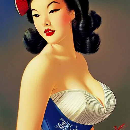 Image similar to pin - up portrait of a beautiful young curvaceous mulan, pretty long hair, symmetrical face, digital art, smooth, extremely detailed,, by wu bayard, by gil elvgren, by ralph horsley, by hanks steve