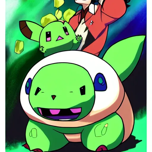 Image similar to danny de vito as a bulbasaur, anime, hyperdetailed, volumetric lighting, sharp focus, pokemon, ken sugimori