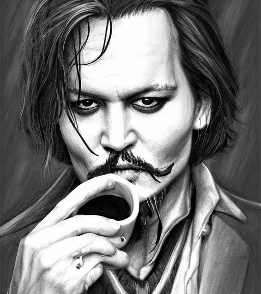 Image similar to Portrait of Johny Depp drinking coffee, in the park, charchoal drawing, dimly lit, wispy smoke, intricate, highly detailed, digital painting, artstation, concept art, sharp focus, illustration, art by einar jonsson