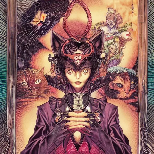 Prompt: portrait of crazy cat woman, symmetrical, by yoichi hatakenaka, masamune shirow, josan gonzales and dan mumford, ayami kojima, takato yamamoto, barclay shaw, karol bak, yukito kishiro