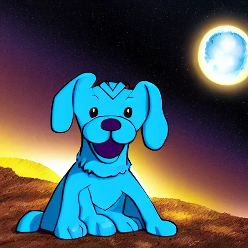 Prompt: a realistic blue dog superhero with glowing eyes, abandoned planet background,dog floating in air