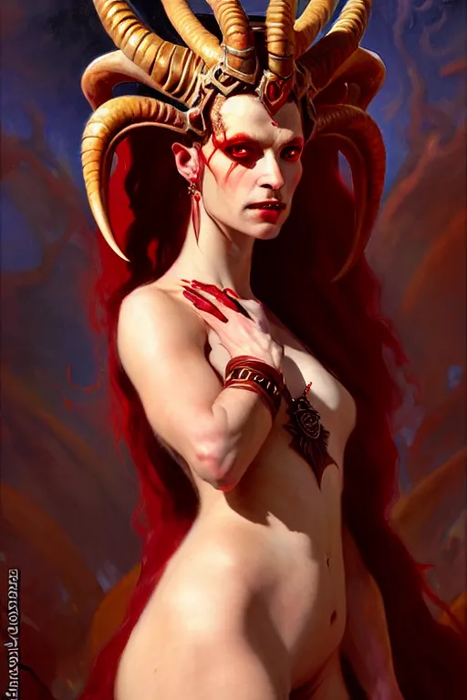 Image similar to painted close - up portrait of a very attractive red - skinned intimidating demon alien queen with ram horns! oil painting, wearing a noblewoman's outfit, fantasy art by john singer sargent and gaston bussiere and james jean and greg rutkowski, demon noble character design, hd