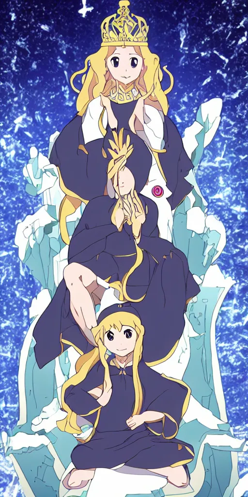 Image similar to a spiritual guru sitting on a throne of ice drawn by studio trigger, in the style of Little Witch Academia, spiritual enlightenment, tradition, conformity, morality, ethics