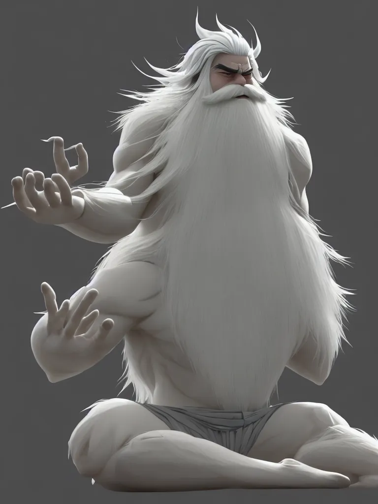 Prompt: the whole body of fuxi in chinese mythology, long white hair, long white beard, animation style, in style of makoto shinkai, raphael lacoste, kind and solemn, sit on the ground, 3 d render, hyper detailed, 4 k hd