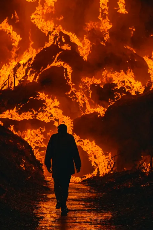 Prompt: A man walking through fire