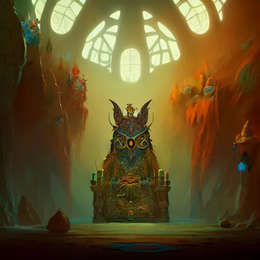 Image similar to Throne Room of the Shaman Owl King, cinematic concept art, matte painting, trending on Artstation, wide angle shot, by Peter Mohrbacher