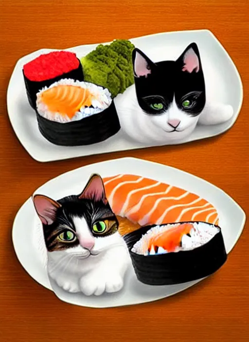 Image similar to clear photorealistic picture of adorable cats made out of sushi, sitting on sushi plates, additional sushi