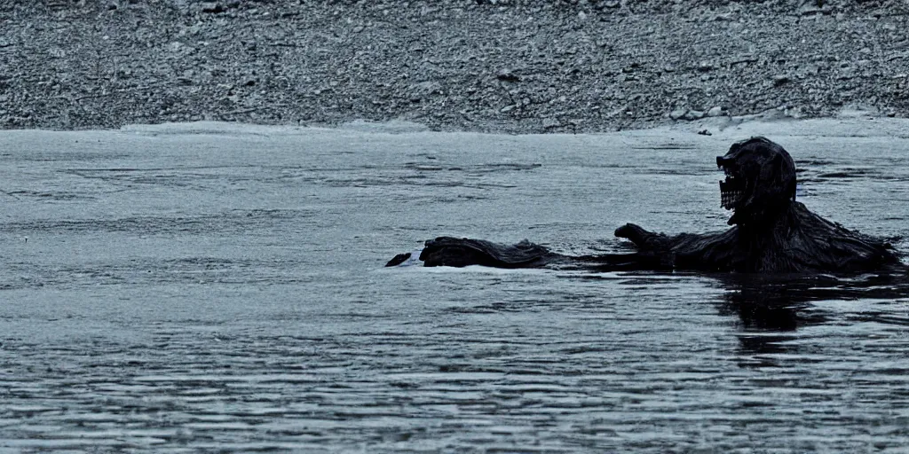 Image similar to Scary cryptid in a river in alaska at night, long lens, telephoto, candid picture, front lit by flashlight