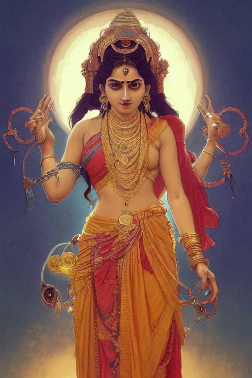 Image similar to a indian women god with eight hand gold color, concept art, art station, digital yellow red sun, smooth, sharp focus, illustration, art by Yoshitaka Amano, artgerm and greg rutkowski and alphonse mucha and william-adolphe bouguereau