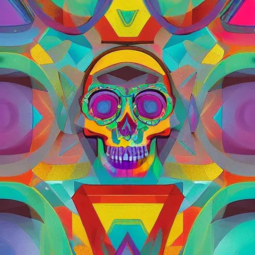 Prompt: Skull, Rainbow geometric architectures blend with organic shapes, Pop Surrealism, Essence of street forms, Geometric structures and multicolored prints, Colorful, High Detail, Symmetry, Poster,