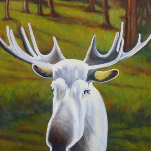 Image similar to white moose wearing shades, oil painting