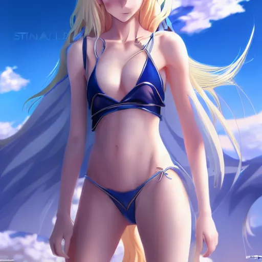 Prompt: a very beautiful young anime jedi girl, full body, long wavy blond hair, sky blue eyes, full round face, evil grin, bikini, miniskirt, front view, mid - shot, highly detailed, cinematic wallpaper by stanley artgerm lau