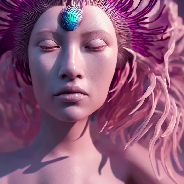 Image similar to goddess full painted acryllic sculpture close-up portrait. orchid bird phoenix jellyfish betta fish, intricate artwork by Tooth Wu and wlop and beeple. octane render, trending on artstation, greg rutkowski very coherent symmetrical artwork. cinematic, hyper realism, high detail, octane render, 8k