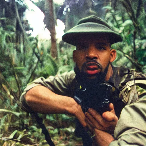 Prompt: film still, medium shot of drake in the jungle as a vietnam door gunner, apocalypse now, associated press,, 2 6 mm, kodak ektachrome, blue tint expired film