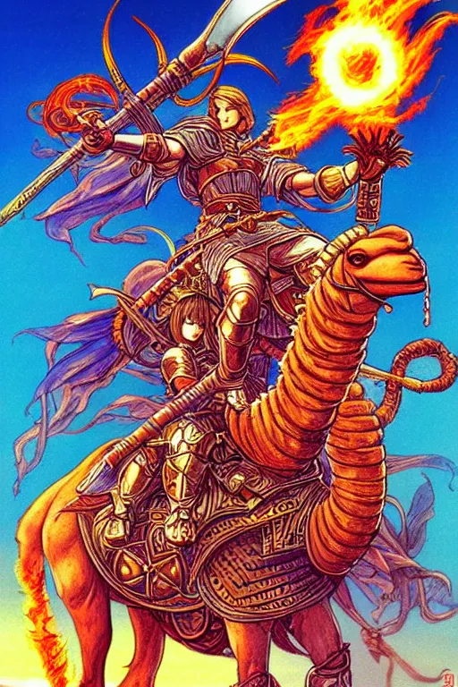 Prompt: illustration of warrior with a flaming sword riding a camel, praise the sun, in the style of moebius, ayami kojima, 1 9 9 0's anime, retro fantasy