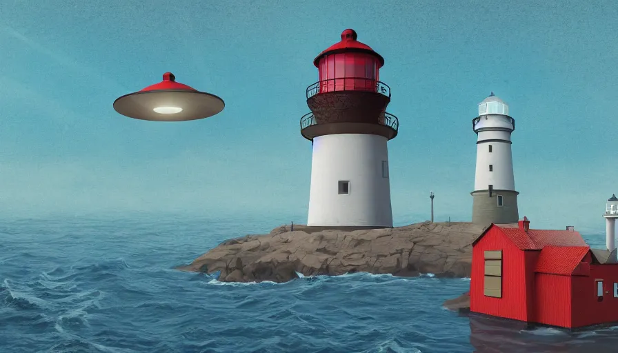 Image similar to a ufo hovers over a lighthouse out at sea, digital art, highly detailed, realistic, bright colors, 8 k