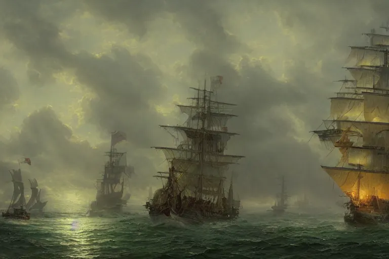 Prompt: highly detailed 4K fantasy matte painting of a huge pirate ship galleon sailing into a harbor at night large white sails green landscape digital art by Greg Rutkowski and Thomas Kinkade, trending on Artstation