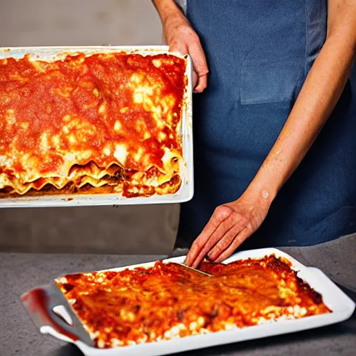 Image similar to woman cutting a lasagna in pieces