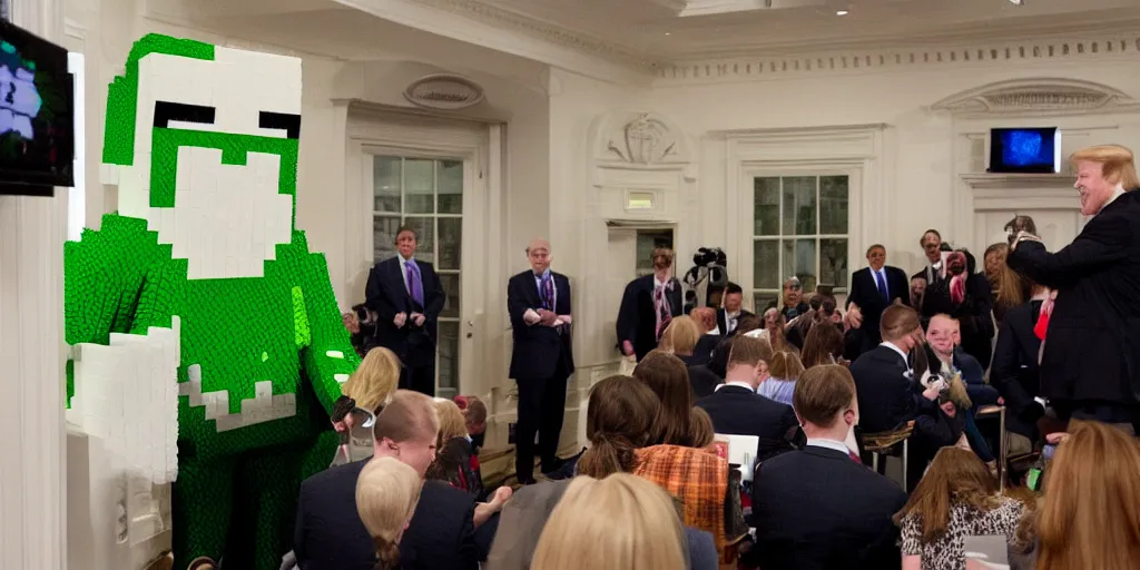 Image similar to White House press briefing with a Minecraft creeper sneaking up behind the President