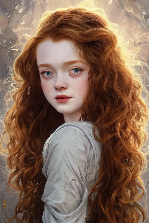 Image similar to Sadie Sink, sparkling eyes, stars in her eyes, shining eyes, grinning, elegant, enticing, sharp features, big flowing hair, traditional roman armor, highly detailed, digital painting, artstation, concept art, smooth, sharp focus, beautiful face, expressive eyes, illustration, art by Artgerm and greg rutkowski and alphonse mucha