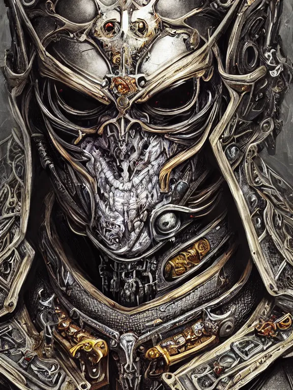 Image similar to portrait art of 8k ultra realistic undead corrupted king, ornate intricate crown , detailed intricate ornate armour,decaying, cybernetic, full of colour, cinematic lighting, battered, trending on artstation, 4k, hyperrealistic, focused, extreme details,unreal engine 5, cinematic, masterpiece, art by ayami kojima, giger