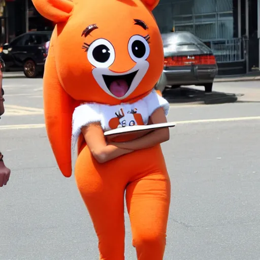 Image similar to ariana grande in a carrot mascot suit