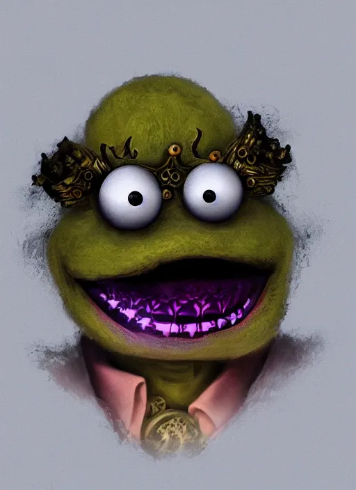 Image similar to occult muppet with glowing haunted eyes, metal skin, intricate, elegant, highly detailed, centered, digital painting, artstation, concept art