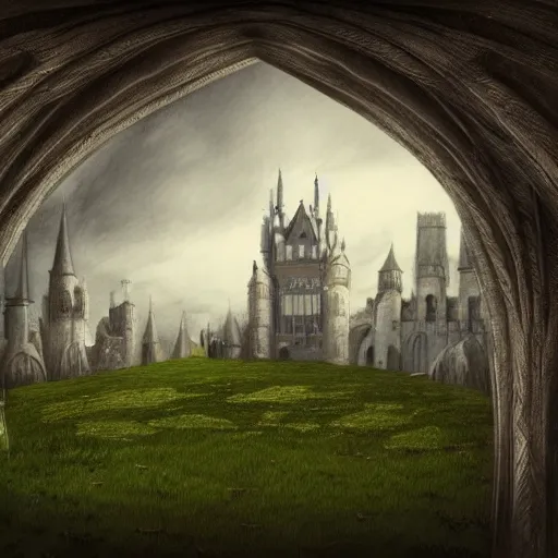 Prompt: a grassy plain with a huge gothic castle, fantasy fortress university, art noveau, artstation, beutifully detailed pencil drawing, wide angle