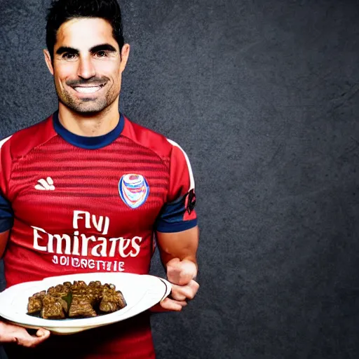 Prompt: a promo portrait of mikel arteta holding a plate of haggis up to the camera, happy,