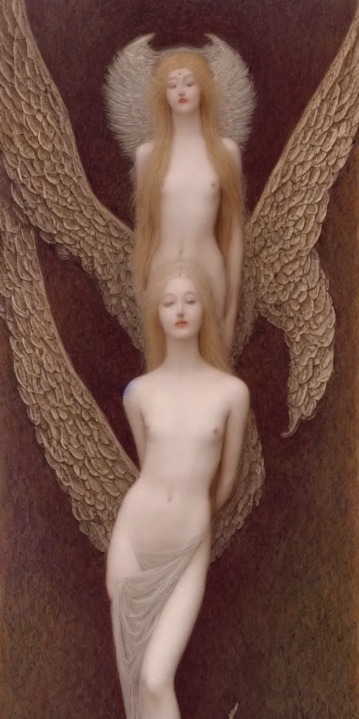 Prompt: Say who is this with silver hair so pale and Wan and thin? Majestic feminine gothic angel in the style of Jean Delville, Lucien Lévy-Dhurmer, Fernand Keller, Fernand Khnopff, oil on canvas, 1896, 4K resolution, aesthetic, mystery