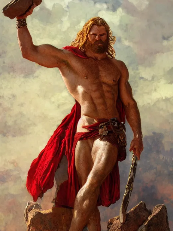 Image similar to painted portrait of rugged thor, god of thunder, norse god, red hair, masculine, mature, handsome, upper body, red and gold, muscular, hairy torso, fantasy, intricate, muscular, elegant, highly detailed, digital painting, artstation, concept art, smooth, sharp focus, illustration, art by gaston bussiere and alphonse mucha