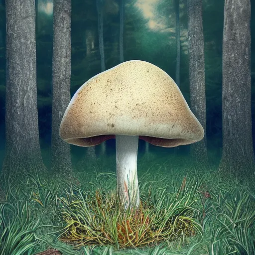 Image similar to A beautiful a picture of a single mushroom that grows on the ground with a forest with pines and birches, and a growing mycelium of the fungus is visible underground, Digital Art, Trending on artstation