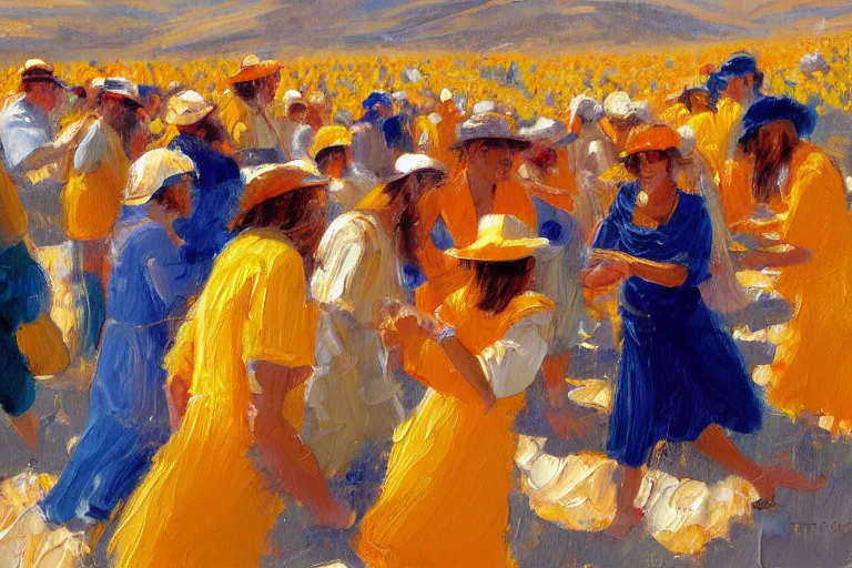 Prompt: detailed oil painting of a crowd of happy jews in the desert harvesting manna, yellow orange and blue color scheme, by sherree valentine daines and ross trann, biblical