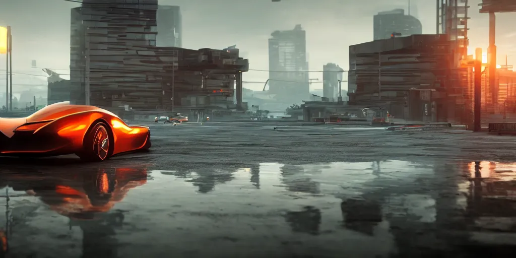 Prompt: futuristic electro car, smooth concrete brutalistic buildings on the background, puddles of water, stunning volumetric lighting, sunset, trending on Artstation, 8k, photorealistic, hyper detailed, unreal engine 5, cinematic, epic lighting, cryengine, octane render, cyberpunk, red and orange glow, dark, gloomy