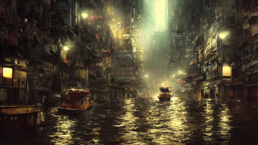 Prompt: dramatic Photorealistic, Matte Painting of a tug boat with bright head lights exploring post apocalyptic flooded Hong Kong city street at night,dark Tall buildings by Greg Rutkowski,Craig Mullins,Hyperrealism,Beautiful dramatic moody lighting,Cinematic Atmosphere,Volumetric,VRay Rendering,8K