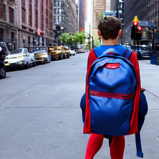 Prompt: photo of spiderman with a backpack on his way to school on the streets of new york, lonely atmosphere