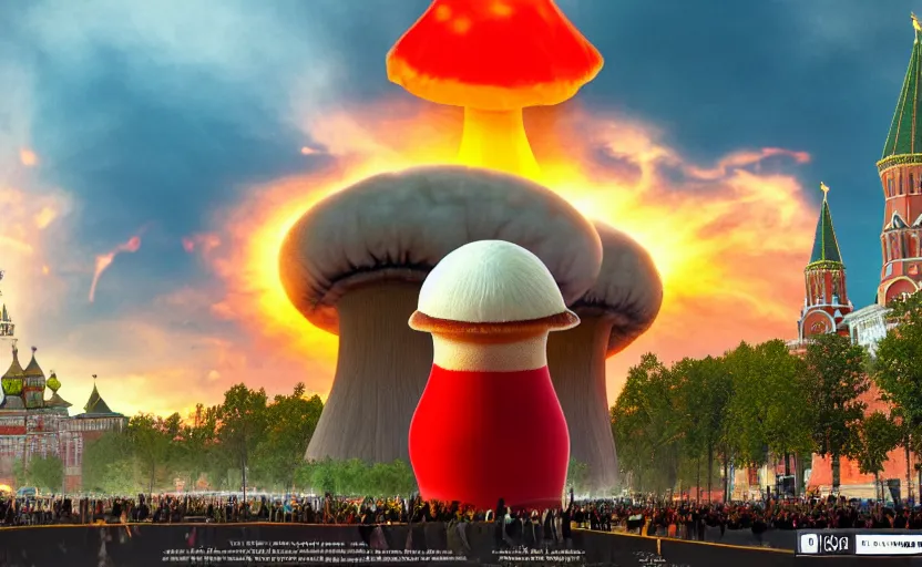 Prompt: ultra realistic shot of a big nuclear explosion with realistic nuclear mushroom in Red Square Kremlin, 8k