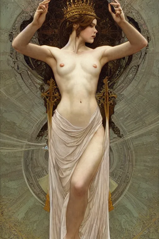 Image similar to a full body portrait of a beautiful ethereal delicate roman mage queen meditative sacral pose catholic stages of the cross, intricate, elegant, highly detailed, digital painting, artstation, concept art, smooth, sharp focus, illustration, art by krenz cushart and artem demura and alphonse mucha