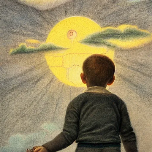 Image similar to boy holding balloons in the sky floating towards the sun, cloudy misty sky, hyper realism, highly ornate intricate details, 1 9 2 0's colored pencil, very sharp photo,