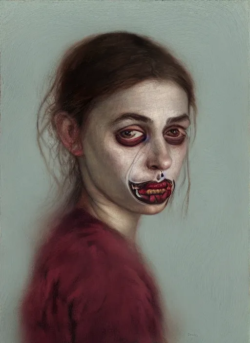 Prompt: realistic portrait of a pretty gypsy girl with her mouth sewn shut, blurred background, violets, by dragan bibin, rtx