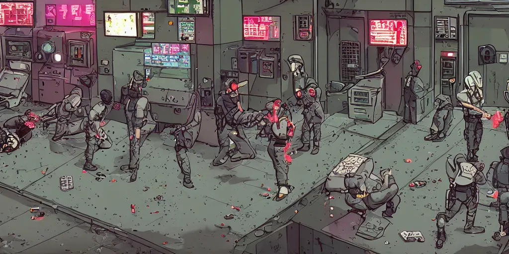 Prompt: 1992 Video Game Screenshot, Anime Neo-tokyo Cyborg bank robbers vs police, Set in Cyberpunk Bank Vault, bags of money, Multiplayer set-piece :9, Police officers hit by bullets, Police Calling for back up, Bullet Holes and Blood Splatter, :6 ,Hostages, Smoke Grenades, Large Caliber Sniper Fire, Chaos, Cyberpunk, Money, Anime Bullet VFX, Machine Gun Fire, Violent Gun Action, Shootout, Escape From Tarkov, Payday 2, Highly Detailed, 8k :7 by Katsuhiro Otomo + Studio Gainax : 8